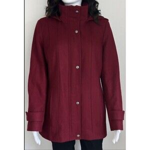 Calvin Klein Coat Peacoat Women Size 6 Red Burgundy Hooded Wool Blend Zip Snap
